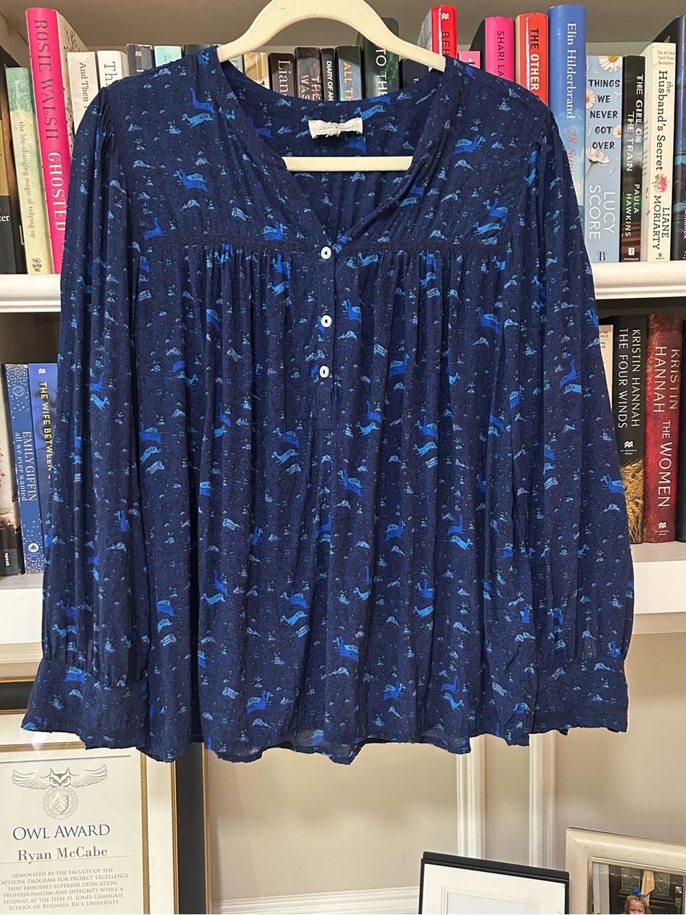 Lucky Brand Flowy Navy Blue Dinosaur Printed Peasant Top - Women